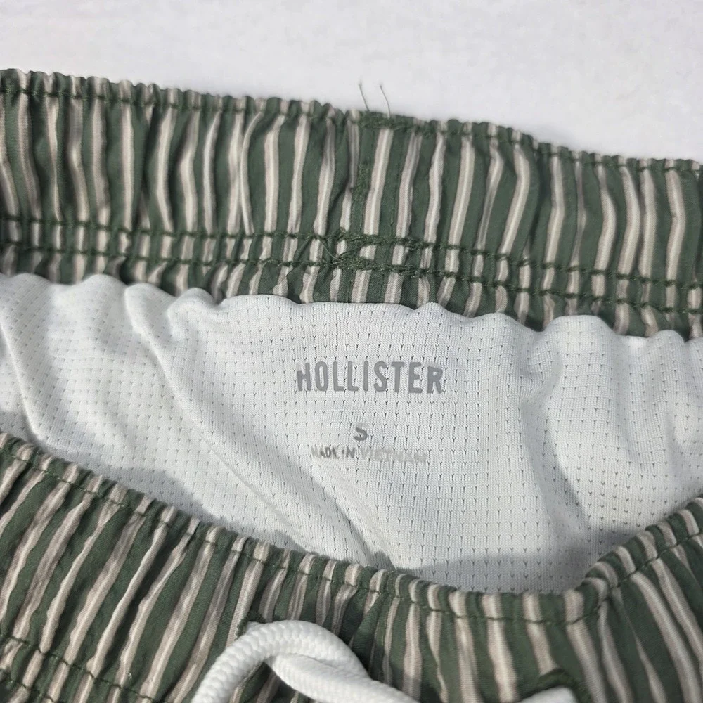 Hollister Men's S Green/White Striped Swim Trunks Lined Mesh Pockets Drawstring